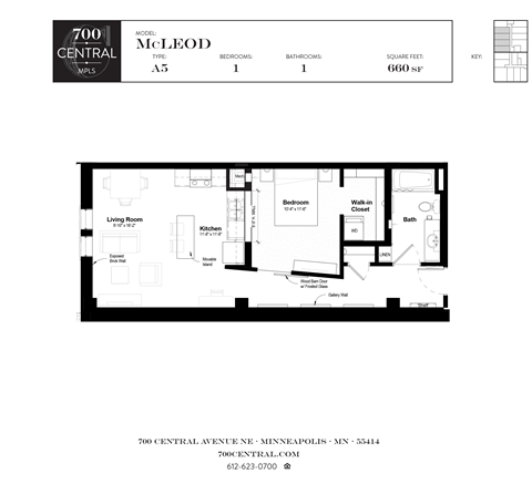 One Bed, One Bath Floorplan at 700 Central Apartments, 700 Central Avenue, Minneapolis